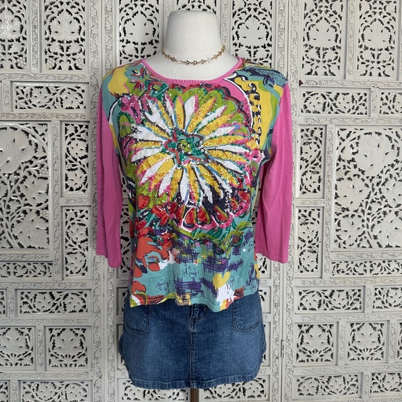 Joseph A Sweaters - Y2K Joseph A Pink Sequin Fairy Core Euro 3/4 Sleeve Colorful Blouse Sz Large